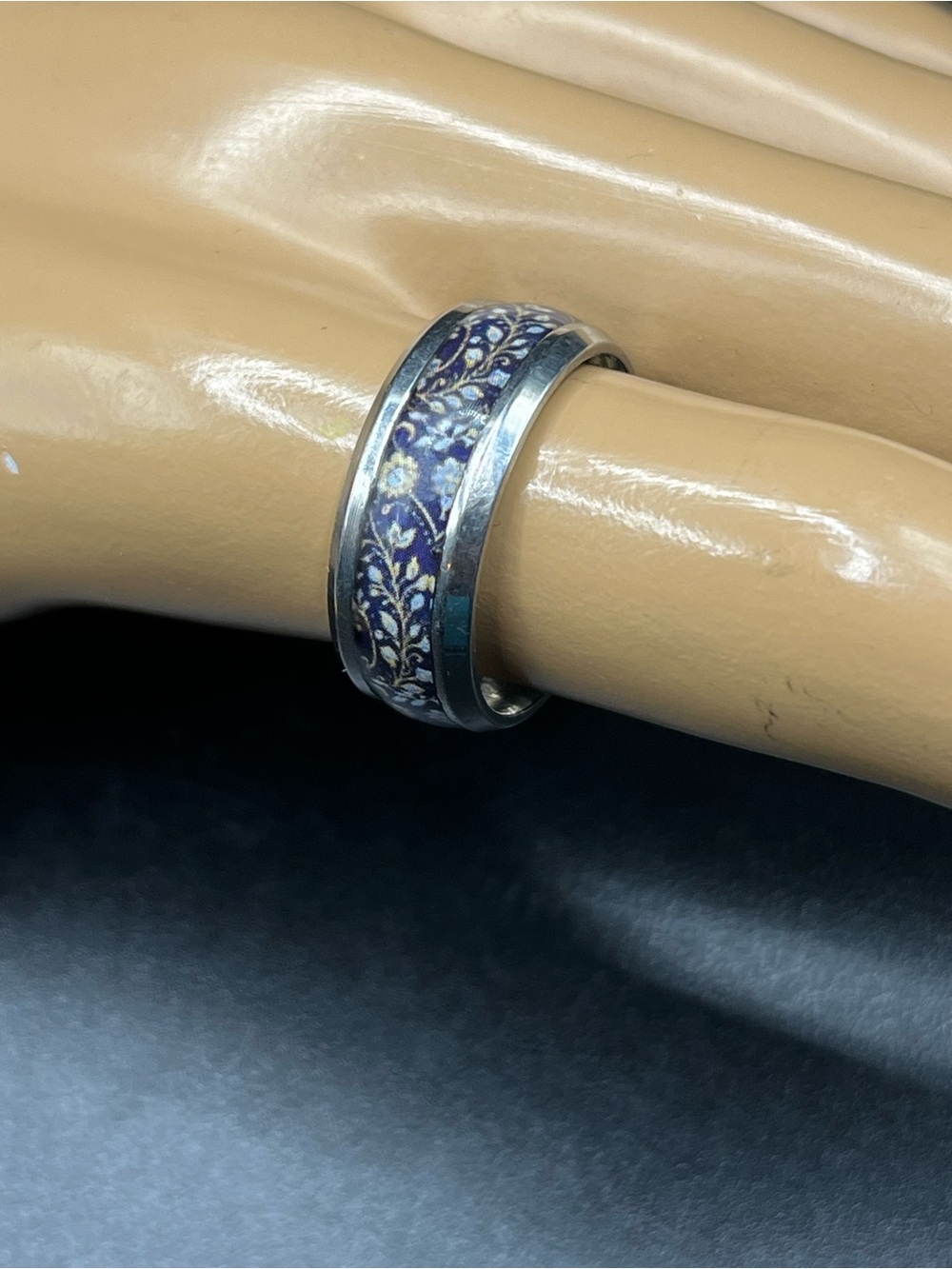 Blue Floral Inlay Stainless Steel Band Ring Size 7
